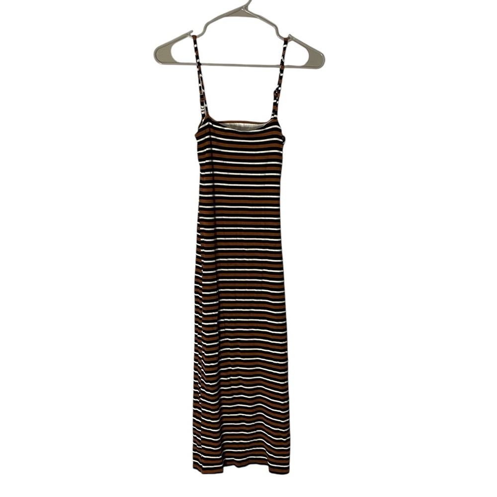 AKIRA Striped Knit Midi Dress Cut Out High Slit Spaghetti Strap Brown Black Sz M